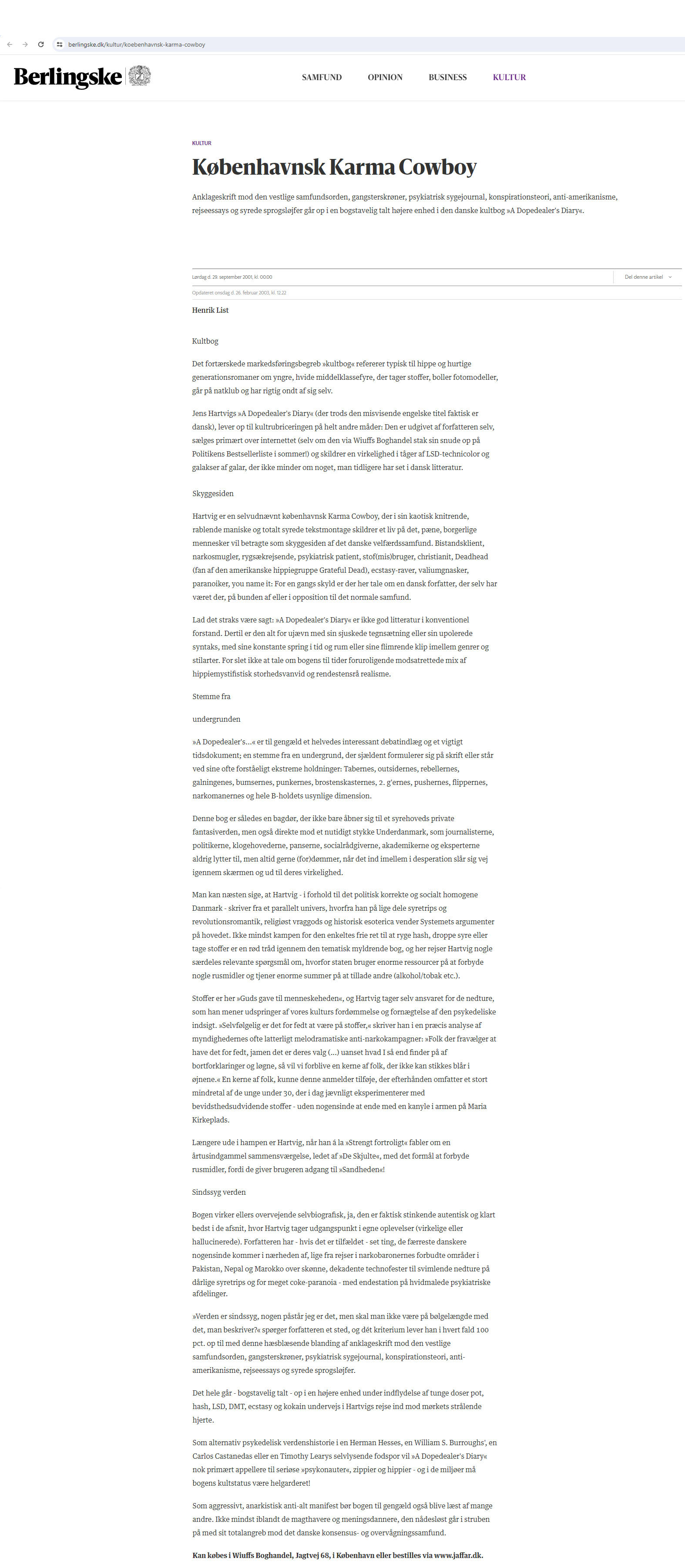 Berlingske-anmeldelsen af A Dopedealer's Diary